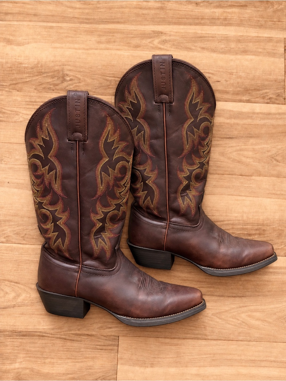 Justin Stampede  Brown Leather Square Toe/Soft toe Western Boots 10.5D EUC